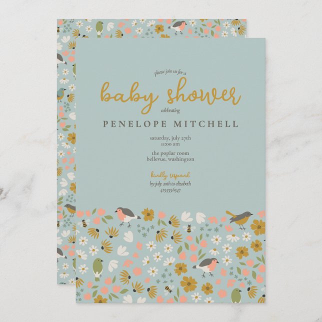 Birds and Bees Floral Baby Shower  Invitation (Front/Back)