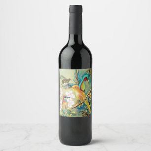 birds and bees painting wine label