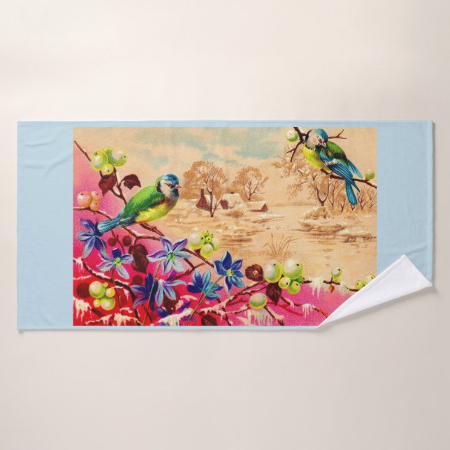 birds and berries print bath towel (Bath Towel)