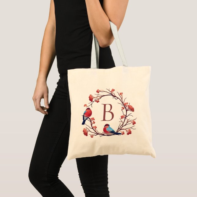 Birds and Berries Wreath Monogram Tote Bag (Front (Product))