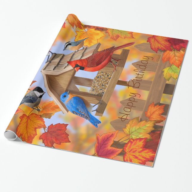 Birds and Birdfeeder Autumn Fall Colours Wrapping Paper (Unrolled)