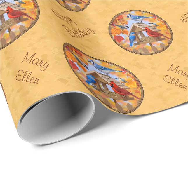 Birds and Birdfeeder Autumn Gold Wrapping Paper (Roll Corner)