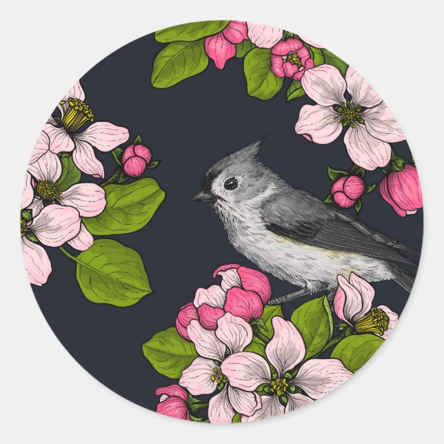 Birds and Blossoms on black Classic Round Sticker (Front)