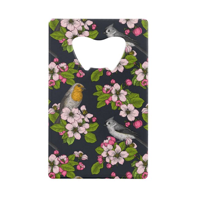 Birds and Blossoms on black Credit Card Bottle Opener (Front)