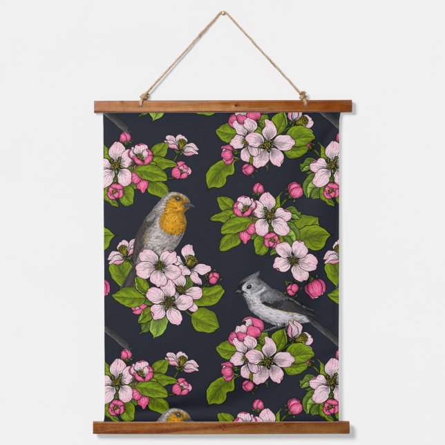 Birds and Blossoms on black Hanging Tapestry (Front)