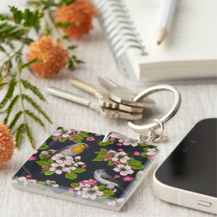 Birds and Blossoms on black Keychain