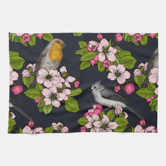 Birds and Blossoms on black Kitchen Towel (Horizontal)