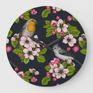 Birds and Blossoms on black Large Clock
