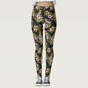 Birds and Blossoms on black Leggings