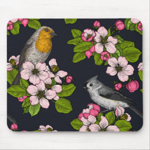 Birds and Blossoms on black Mouse Pad