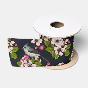 Birds and Blossoms on black Satin Ribbon
