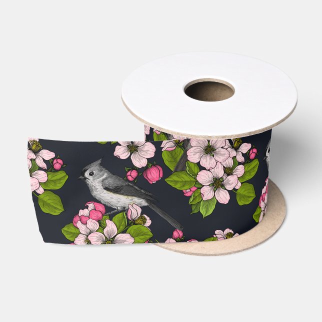 Birds and Blossoms on black Satin Ribbon (Spool)