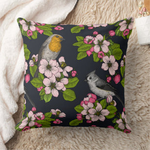 Birds and Blossoms on black Throw Pillow
