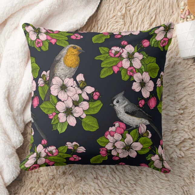 Birds and Blossoms on black Throw Pillow (Blanket)