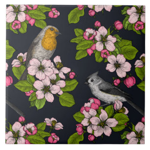 Birds and Blossoms on black Tile