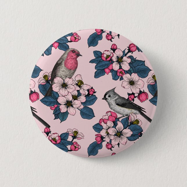 Birds and Blossoms on pink 2 Inch Round Button (Front)