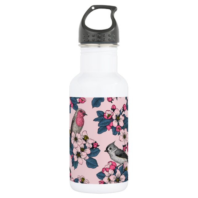 Birds and Blossoms on pink 532 Ml Water Bottle (Front)