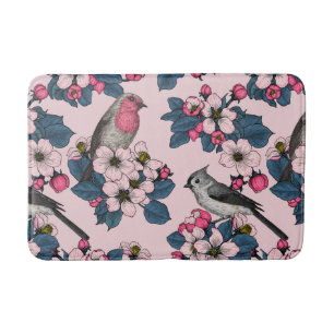 Birds and Blossoms on pink Bath Mat