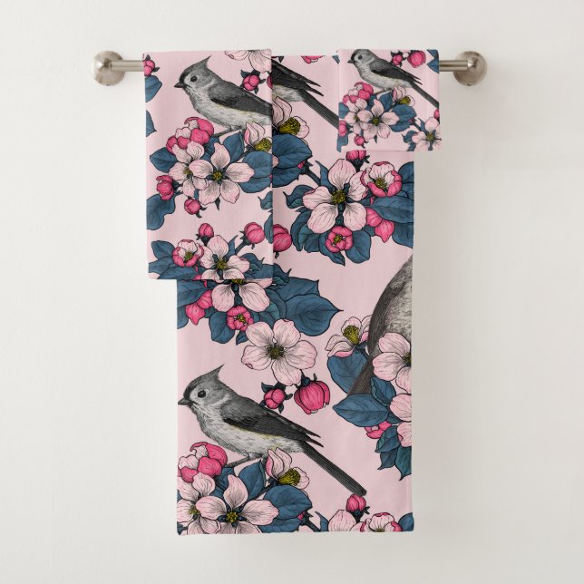 Birds and Blossoms on pink Bath Towel Set (Insitu)