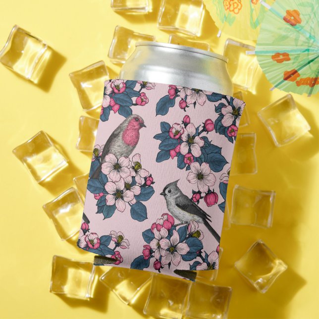 Birds and Blossoms on pink Can Cooler (In Situ Summer)