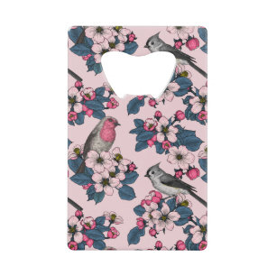 Birds and Blossoms on pink Credit Card Bottle Opener