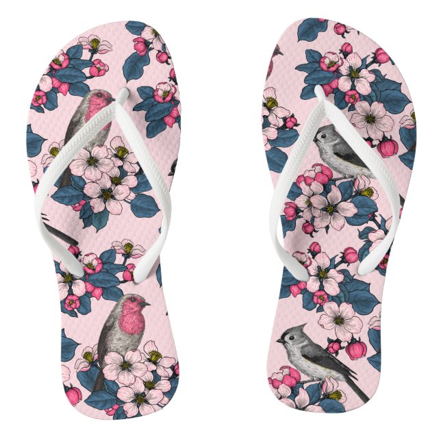Birds and Blossoms on pink Flip Flops (Footbed)