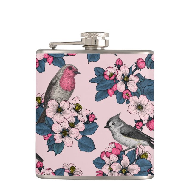 Birds and Blossoms on pink Hip Flask (Front)