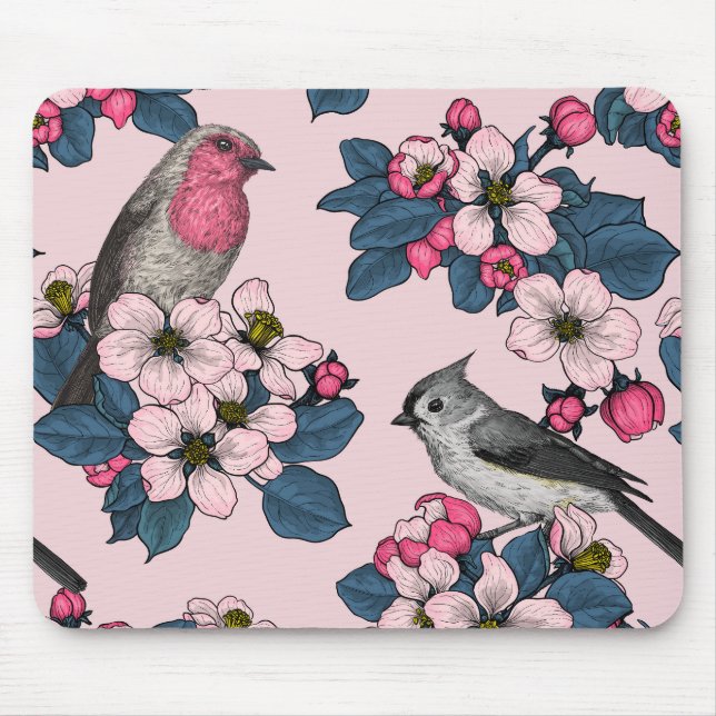 Birds and Blossoms on pink Mouse Pad (Front)