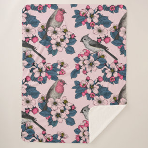 Birds and Blossoms on pink Sherpa Blanket