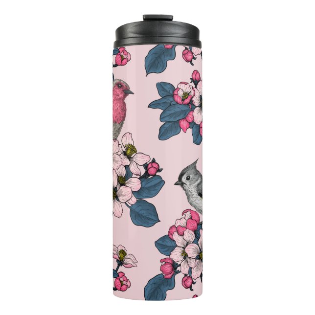 Birds and Blossoms on pink Thermal Tumbler (Front)