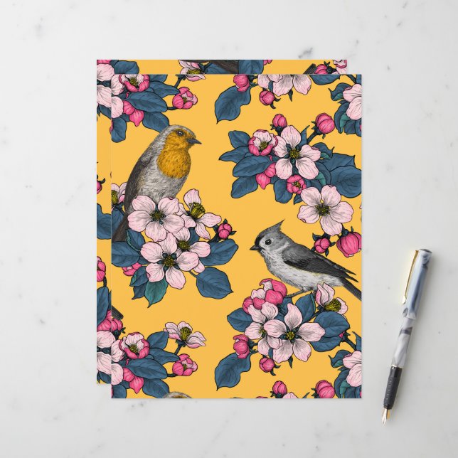 Birds and Blossoms on yellow (Front/Back In Situ)