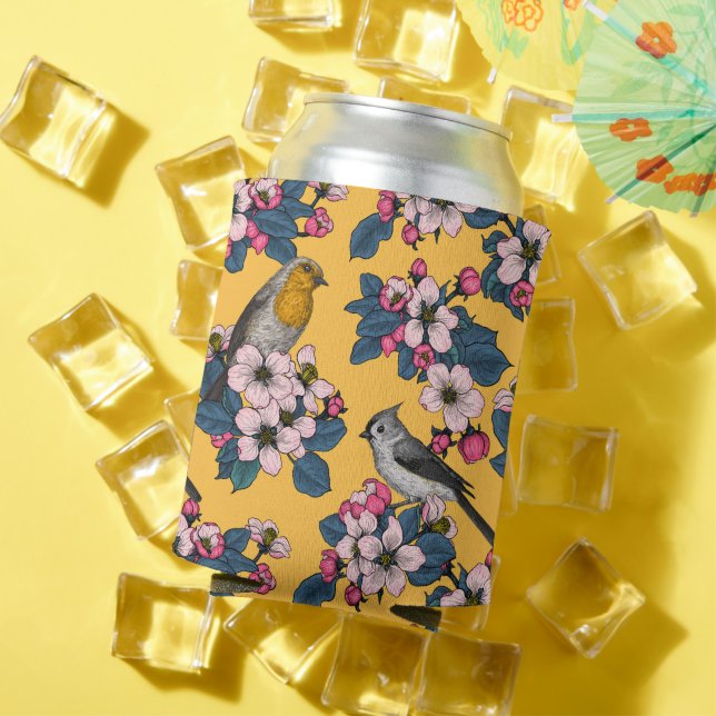 Birds and Blossoms on yellow Can Cooler (In Situ Summer)
