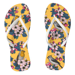 Birds and Blossoms on yellow Flip Flops