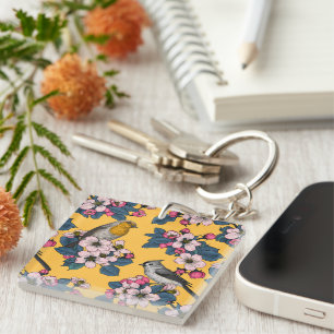 Birds and Blossoms on yellow Keychain