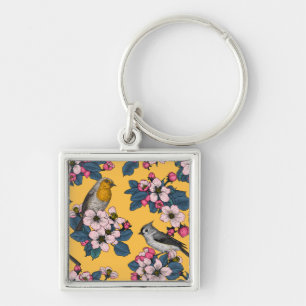 Birds and Blossoms on yellow Keychain