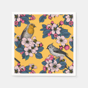 Birds and Blossoms on yellow Napkin