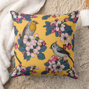 Birds and Blossoms on yellow Throw Pillow