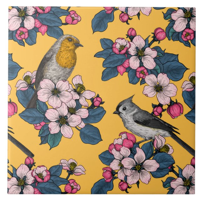 Birds and Blossoms on yellow Tile (Front)