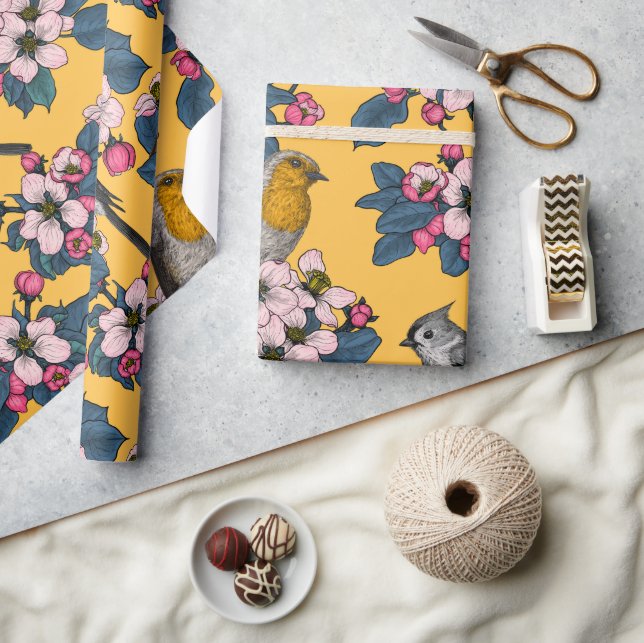 Birds and Blossoms on yellow Wrapping Paper (Crafts)