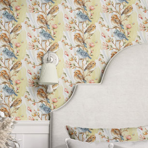 Birds and Branches on Yellow Wallpaper