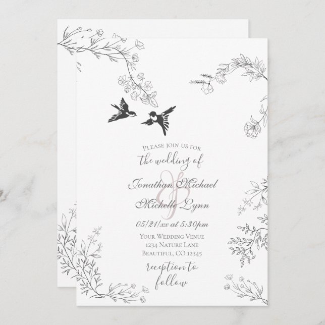 Birds and Branches Pretty Floral Garden Wedding Invitation (Front/Back)