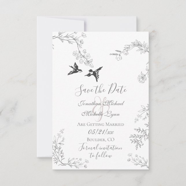 Birds and Branches Pretty Floral Garden Wedding Save The Date (Front)