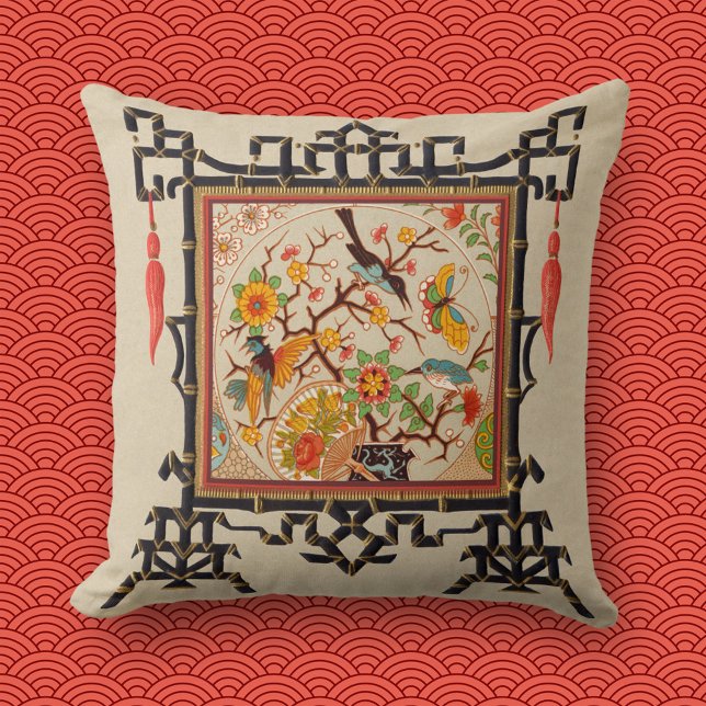 Birds and Butterflies with Bamboo Border Throw Pillow (Creator Uploaded)