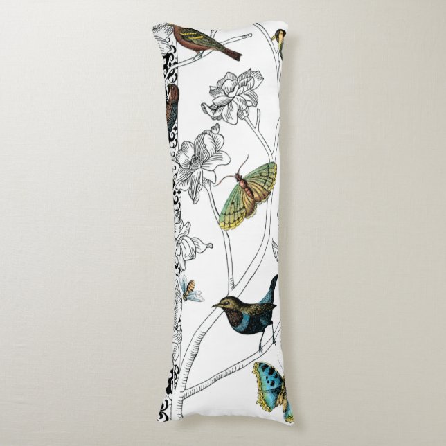 Birds and Butterfly on a Black & White Background Body Pillow (Front Vertical)