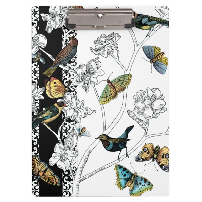 Birds and Butterfly on a Black & White Background Clipboard (Front)