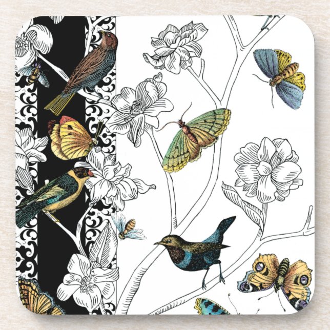Birds and Butterfly on a Black & White Background Coaster (Front)