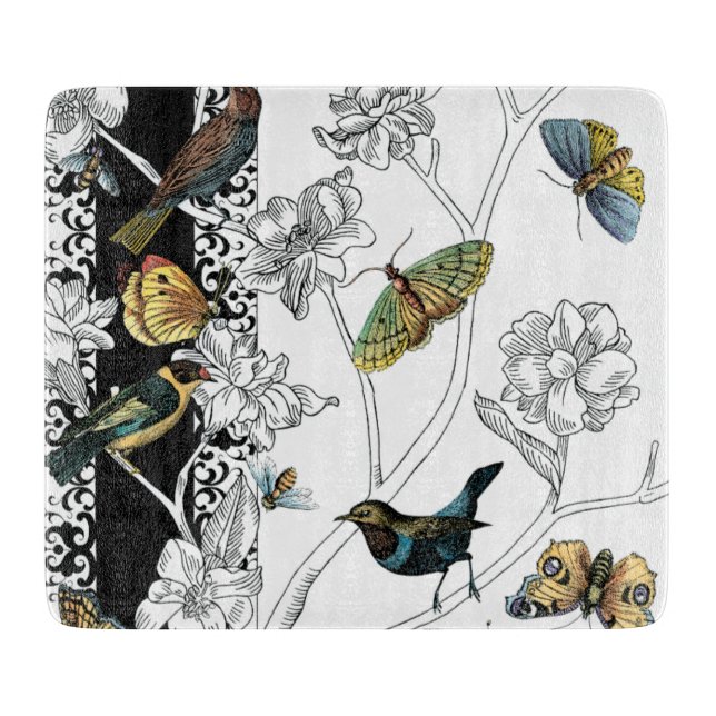 Birds and Butterfly on a Black & White Background Cutting Board (Front)