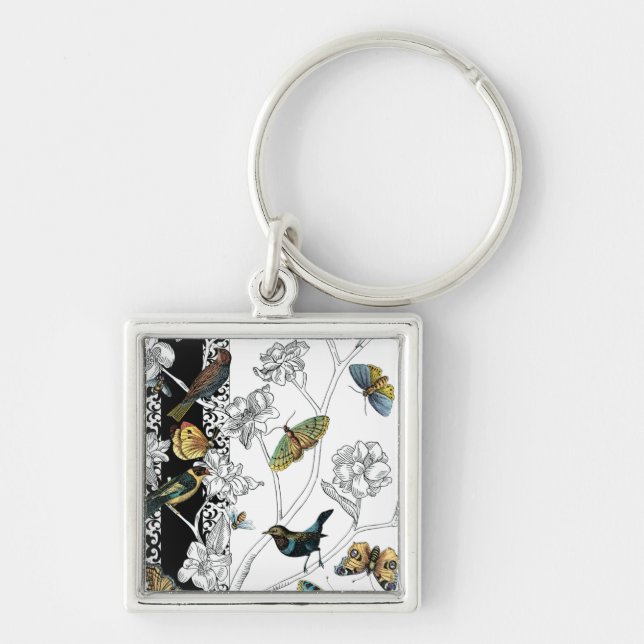 Birds and Butterfly on a Black & White Background Keychain (Front)