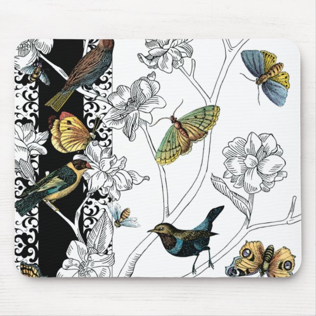 Birds and Butterfly on a Black & White Background Mouse Pad (Front)