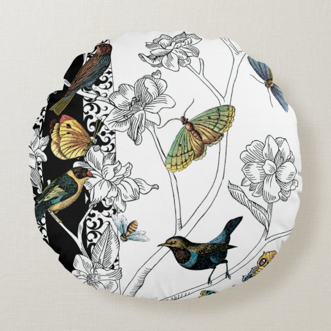 Birds and Butterfly on a Black & White Background Round Pillow (Front)